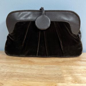 Shiraleah, Anthropologie Brown Velvet & Leather Zip Top Satin Lined Pouch